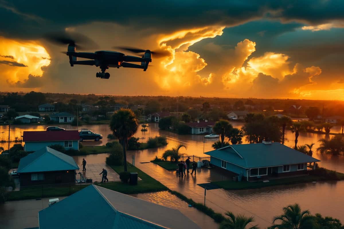 VitalEdge disaster response operations over a Texas skyline at sunset